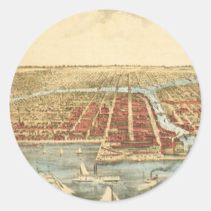 Sticker Rond Carte antique de Chicago, rue LaSalle et rivière