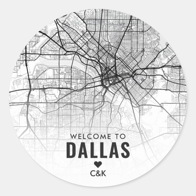 Sticker Rond Carte de Dallas, Texas City | Bienvenue Mariage (Devant)
