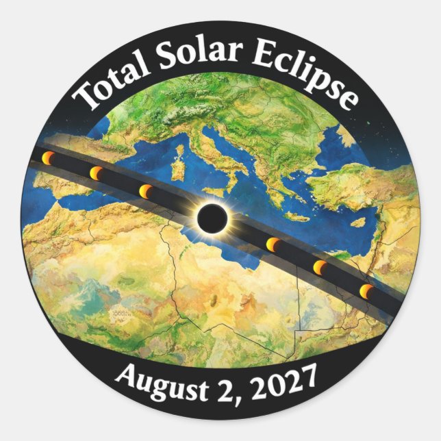 Sticker Rond Carte de l'éclipse solaire totale 2027 (Devant)