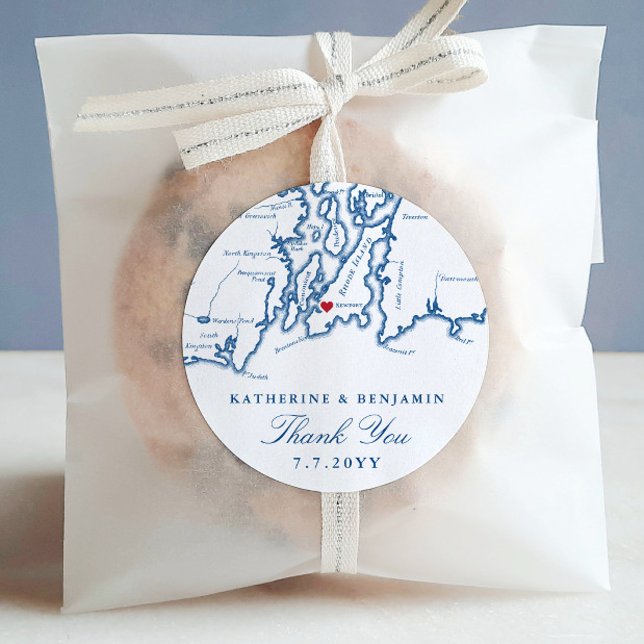 Sticker Rond Carte de l'île de Newport Rhode Marine Mariage Fav (These round Newport, RI stickers are perfect for packaging your Rhode Island wedding favors)