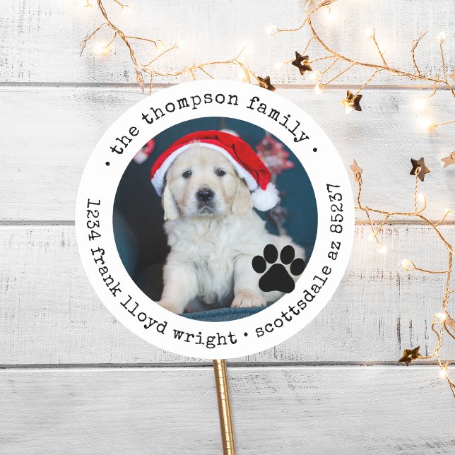 Sticker Rond Carte de Noël de chien personnalisée Adresse de re (Créateur téléchargé)