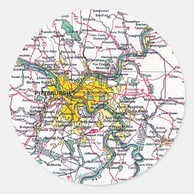 Sticker Rond Carte de Pittsburgh (Devant)