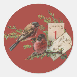 Sticker Rond Carte de vacances antique d'oiseaux de Nouvel An