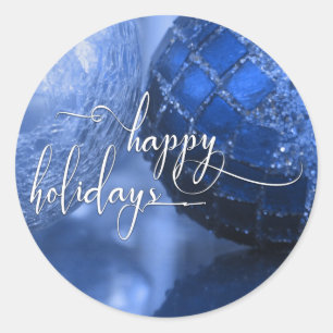 Sticker Rond Carte de vœux Joyeuses Fêtes Bleu, Argent & Blanc