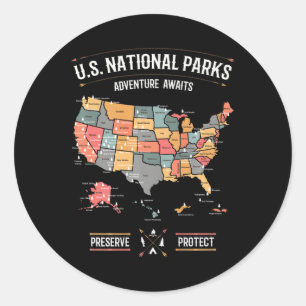 Sticker Rond Carte des parcs nationaux américains Préserver Pro