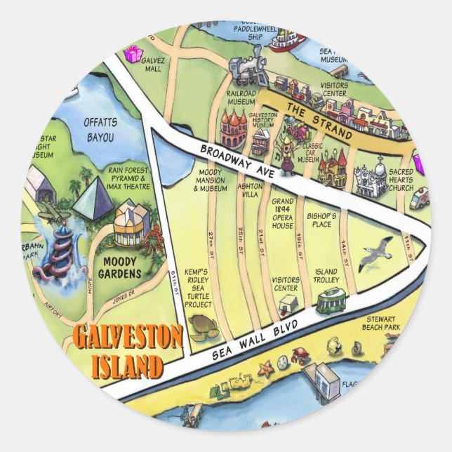 Sticker Rond Carte du dessin animé Galveston Texas (Devant)