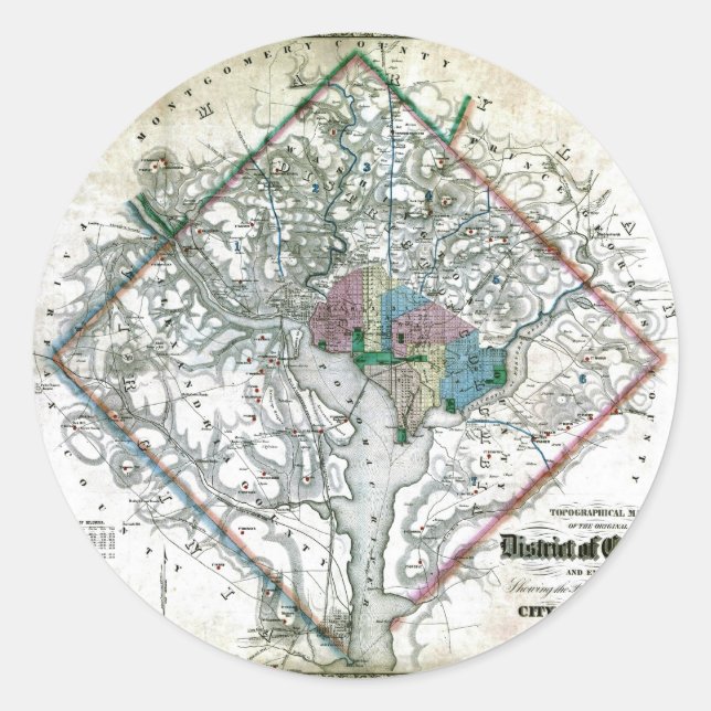 Sticker Rond Carte du district de Washington de 1862 (Devant)