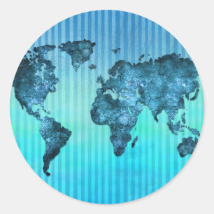Sticker Rond Carte du monde   Bleu néon