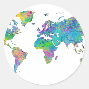 Sticker Rond Carte du monde de l'aquarelle