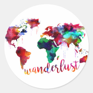 Sticker Rond Carte du monde d'envie de voyager d'aquarelle