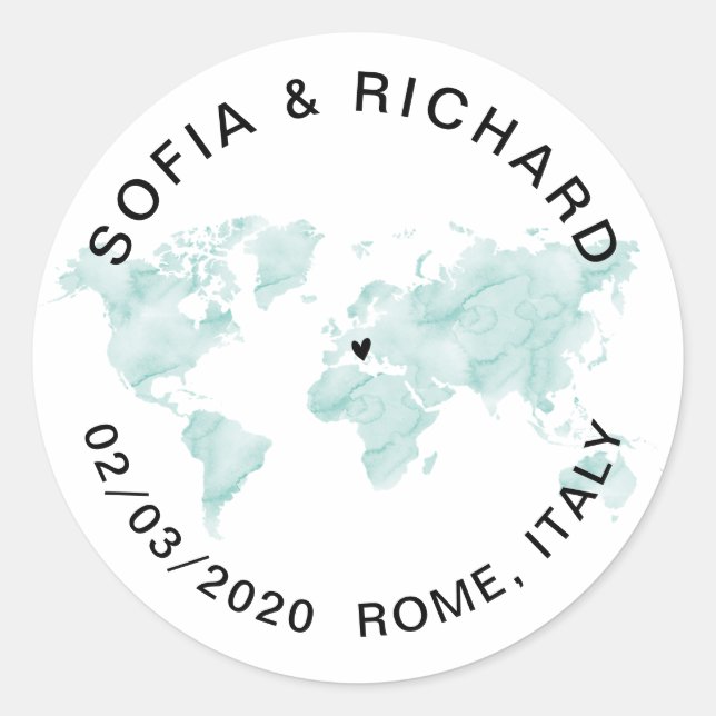 Sticker Rond Carte du monde mariage Aquarelle Coeur amovible (Devant)