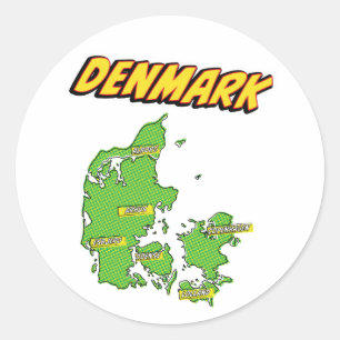 Sticker Rond Carte illustrée du Danemark dans le style Pop Art