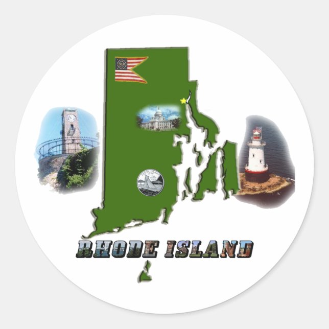 Sticker Rond Carte, photos et texte de l'île de Rhode (Devant)
