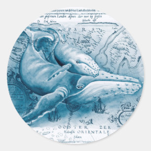 Sticker Rond Carte Vintage bleue des baleines