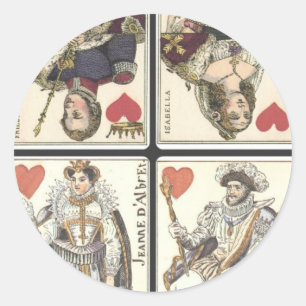 Sticker Rond Cartes de Jeu vintages - Rois et Reines de Coeurs