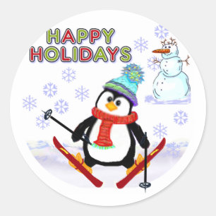 Sticker Rond Cartes de skieur de pingouin