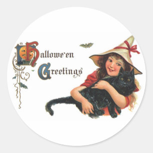 Sticker Rond Cartes de vœux Halloween vintage, enfant sorcière 