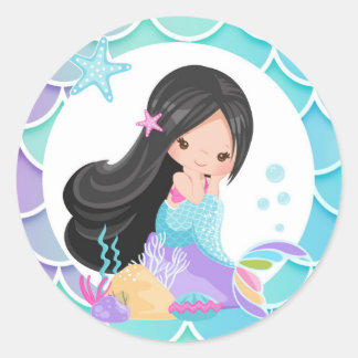 Sticker Rond Cartes rondes de sirène Coiffure noire