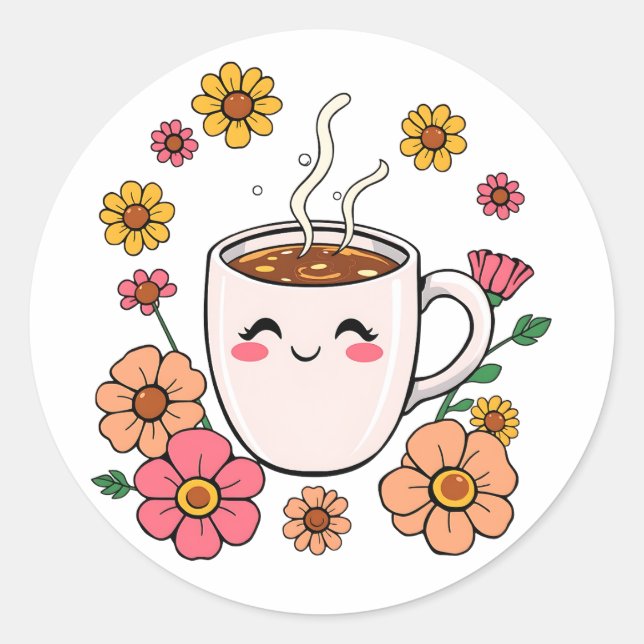 Sticker Rond Carton adorable au café Kawaii (Devant)