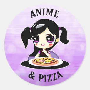 Sticker Rond Carton Anime et Pizza noir et violet