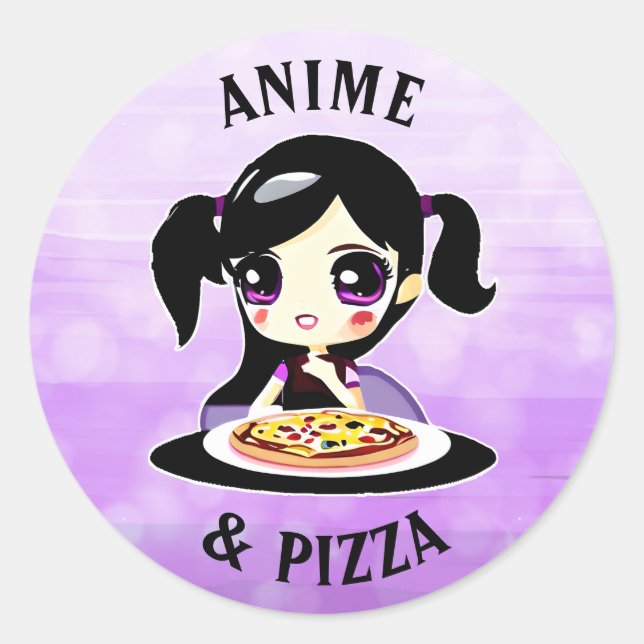 Sticker Rond Carton Anime et Pizza noir et violet (Devant)