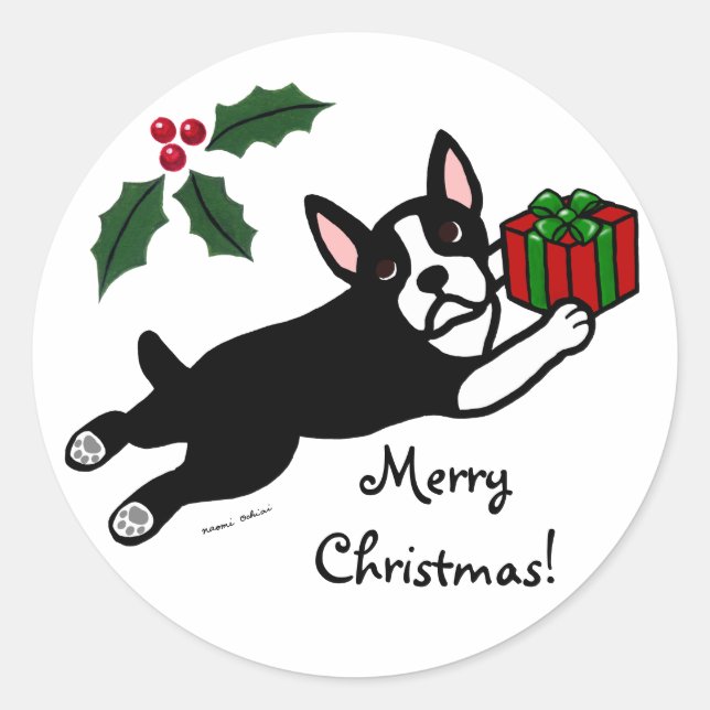 Sticker Rond Carton de Noël 2 de Boston Terrier (Devant)