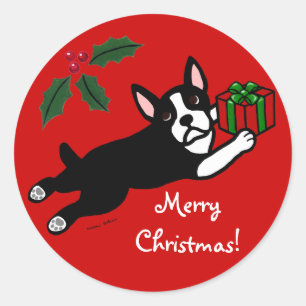Sticker Rond Carton de Noël 2 de Boston Terrier