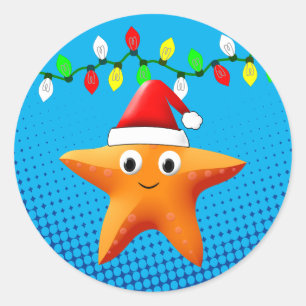 Sticker Rond Carton mignon Starfish Santa Hat lumières de Noël