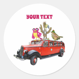 Sticker Rond Cartoon Birds Riding Van to Fun Ride Destination