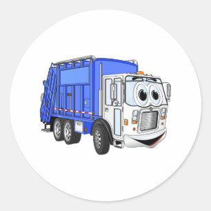 Sticker Rond Cartoon bleu souriant Camion à ordures