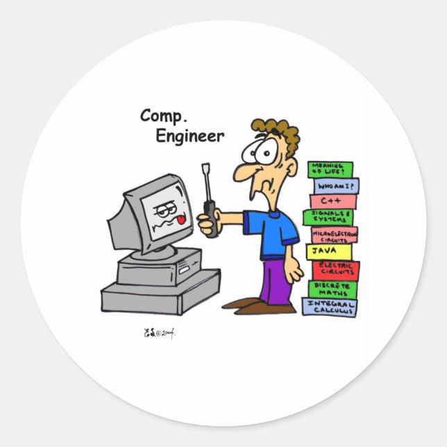Sticker Rond Cartoon de l'ingénieur informatique (Devant)