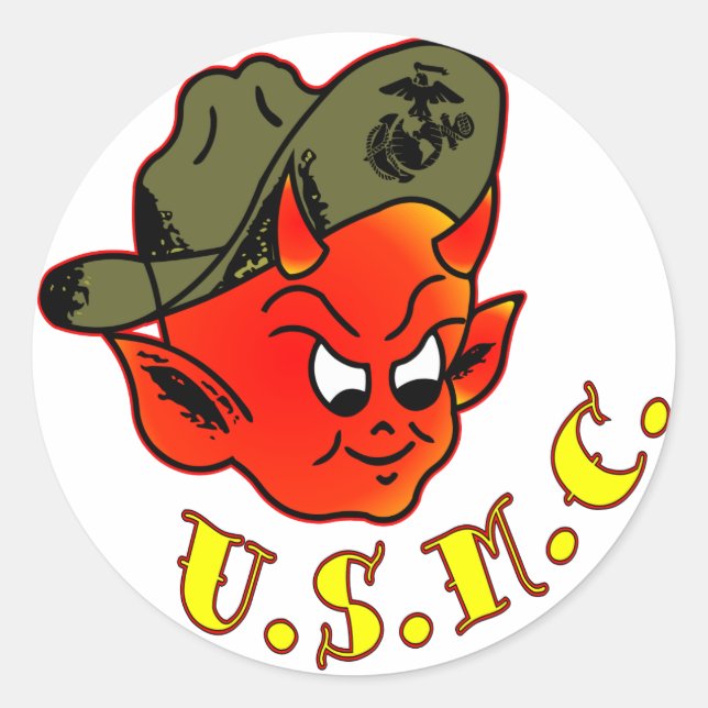 Sticker Rond Cartoon Devil Marine Corps (Devant)