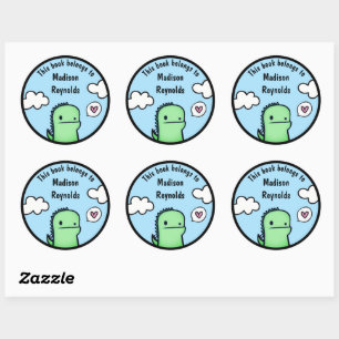 Sticker Rond Cartoon Dino mignon avec votre nom Plaque d'accuei