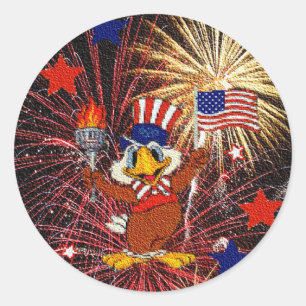 Sticker Rond Cartoon Eagle with Flag and Fireworks (Textured)