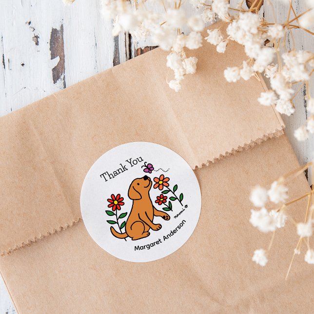 Sticker Rond Cartoon Fox Red Labrador Flowers (Fox Red Labrador Flowers Cartoon Stickers for Labrador Owners.  Cute dog design.  Personalized.)