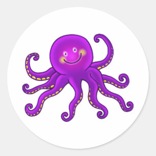 Sticker Rond Cartoon mignon Aquatique Violet Octopus Océan Anim