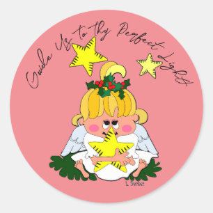Sticker Rond Cartoon Noël Angel tenant l'étiquette étoile