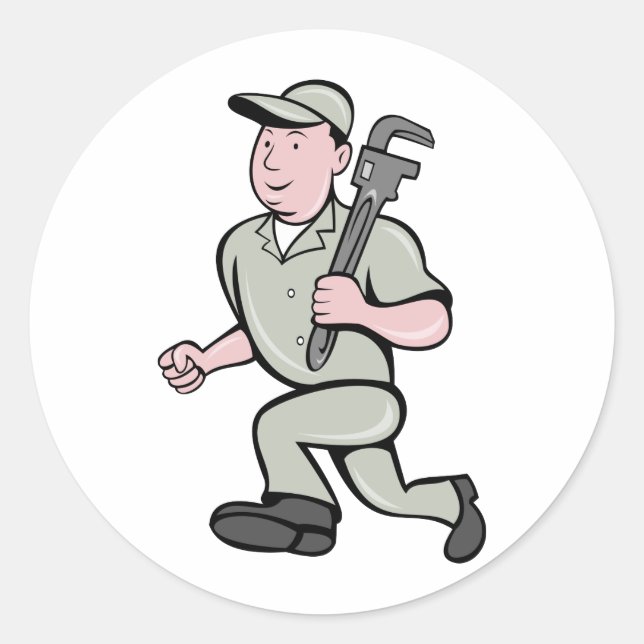 Sticker Rond Cartoon Plumber avec clé de singe en marche (Devant)