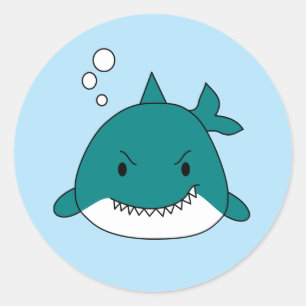 Sticker Rond Cartoon Requin Bleu Et Blanc