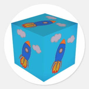 Sticker Rond Cartoon Space Rocket Flying Et Blue Sky Cube