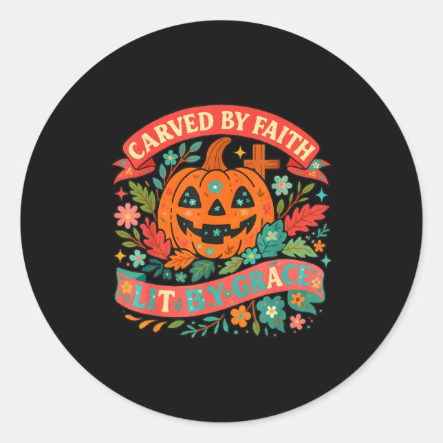 Sticker Rond Carved By Faith Lit Grace Cute Fall Pumpkin  (Devant)