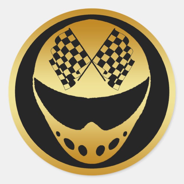 STICKER ROND CASQUE DE COURSE D'OR AVEC DRAPEAUX À DAMIERS (Devant)