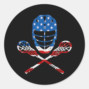 Sticker Rond Casque Lacrosse Drapeau Américain Lax Bâtons 4ème 