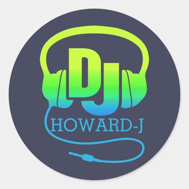 Sticker Rond Casques DJ vert bleu ajouter votre nom (Devant)