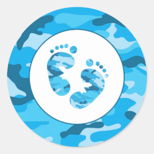 Sticker Rond Casquette baby shower bleu camouflage garçon