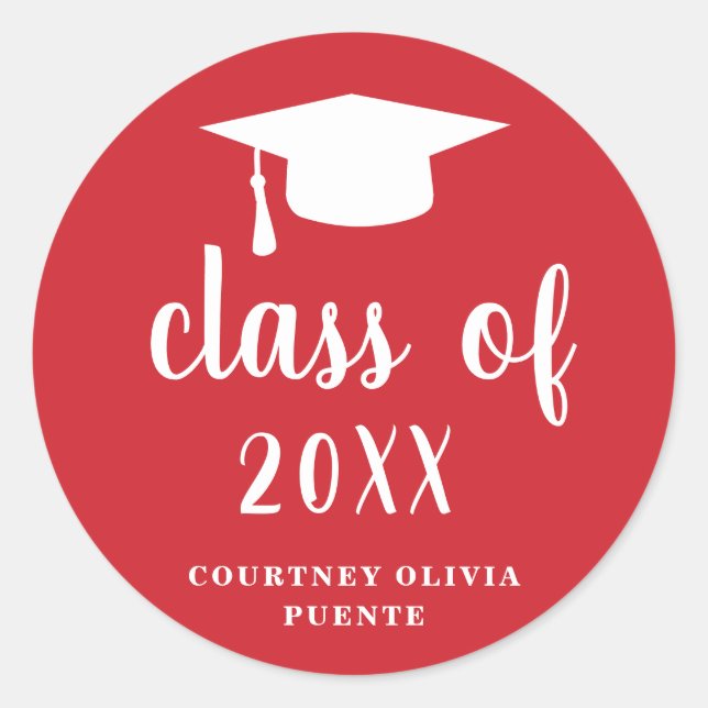 Sticker Rond Casquette de graduation simple rouge et blanc (Devant)