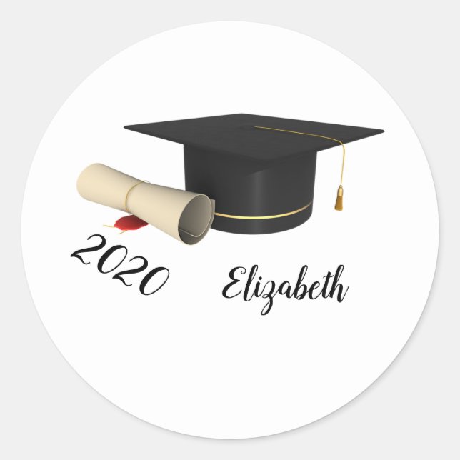 Sticker Rond Casquette de remise des diplômes, diplôme, nom (Devant)