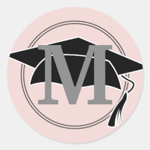 Sticker Rond Casquette de remise des diplômes rose gris monogra