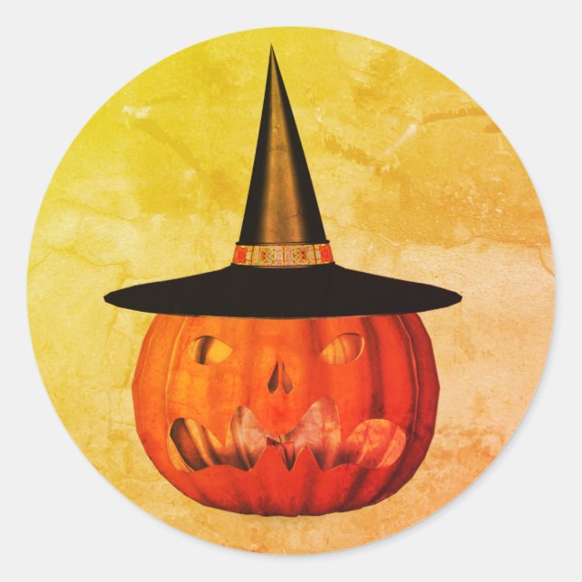 Sticker Rond Casquette de sorcière citrouille Halloween drôle (Devant)