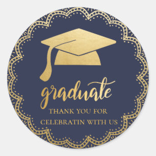 Sticker Rond Casquette diplômé Bohemian Faux Gold Foil Bleu